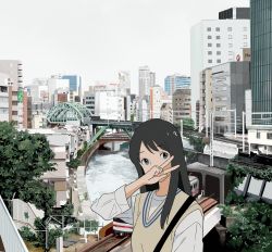 Rule 34 | 1girl, absurdres, ame (amemgmgmg), black hair, blue eyes, bridge, brown vest, building, cityscape, commentary, covering own mouth, hand over own mouth, highres, long hair, original, outdoors, outstretched arm, power lines, railroad tracks, river, scenery, selfie, shirt, signature, sky, solo, tokyo (city), train, upper body, v, vest, white shirt, white sky