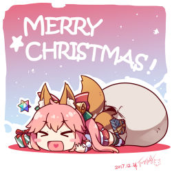 Rule 34 | &gt; &lt;, 1girl, :d, animal ear fluff, animal ears, bell, blush stickers, bow, box, chibi, christmas, commentary request, dated, detached sleeves, fate/grand order, fate (series), fox ears, fox girl, fox tail, fur-trimmed skirt, fur trim, gift, gift box, hair bell, hair between eyes, hair bow, hair ornament, heart, heart in mouth, highres, langbazi, long hair, long sleeves, lying, merry christmas, multiple tails, on stomach, open mouth, pink hair, pleated skirt, red bow, red skirt, sack, saint quartz (fate), signature, skirt, smile, solo, tail, tamamo (fate), tamamo no mae (fate/extra), twintails, very long hair, xd