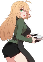 Rule 34 | 1girl, ;d, antenna hair, apron, black apron, black skirt, blonde hair, coffee, commentary request, cup, fang, green eyes, green sweater, hair ornament, holding, holding cup, long hair, long sleeves, looking at viewer, one eye closed, open mouth, simple background, skirt, smile, sumiyao (amam), sweater, tsurumaki maki, voiceroid, white background