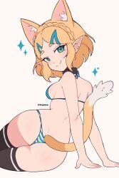 Rule 34 | 1girl, alternate costume, animal ears, artist name, ass, ass focus, black choker, black thighhighs, blonde hair, blue bra, blue panties, bra, braid, breasts, cat ears, cat girl, cat tail, choker, cremanata, green eyes, hair ornament, hairclip, highres, looking at viewer, looking back, medium hair, nintendo, panties, pointy ears, princess zelda, simple background, sitting, small breasts, smile, solo, sparkle, striped clothes, striped panties, tail, the legend of zelda, the legend of zelda: breath of the wild, thighhighs, underwear, white background, white panties