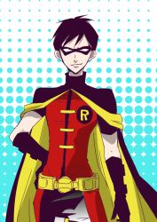 Rule 34 | 1boy, batman (series), belt, black hair, cape, dc comics, dick grayson, domino mask, gloves, hand on own hip, male focus, mask, red shirt, robin (dc), shirt, short sleeves, solo, young justice: invasion