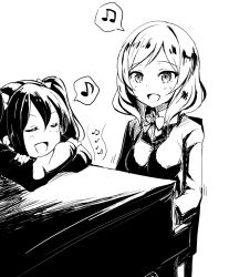 Rule 34 | 10s, 2girls, clearite, closed eyes, greyscale, highres, instrument, love live!, love live! school idol project, monochrome, multiple girls, music, musical note, nishikino maki, open mouth, piano, playing instrument, quaver, school uniform, simple background, smile, spoken musical note, white background, yazawa nico