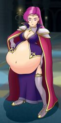 Rule 34 | 1girl, absurdres, armor, big belly, boots, breasts, brunnya (fire emblem), cape, cleavage, dark55321, digestion, earrings, fire emblem, fire emblem: the binding blade, high heel boots, high heels, highres, jewelry, large breasts, long hair, navel, nintendo, pauldrons, pink eyes, pink hair, purple eyes, purple hair, shoulder armor, solo, stomach bulge, tagme, thick thighs, thighs, vore