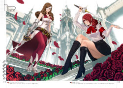 Rule 34 | 00s, 2girls, armor, atlus, bare shoulders, beatrix, belt, boots, brown hair, castle, crossover, curly hair, eyepatch, final fantasy, final fantasy ix, flower, hair over one eye, high heels, kirijou mitsuru, crossed legs, looking down, multiple girls, nail polish, pantyhose, persona, persona 3, petals, rapier, red flower, red hair, red rose, rose, rose petals, save the queen, shiitake urimo, shoes, sitting, sword, trait connection, weapon