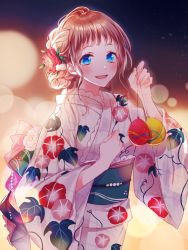 Rule 34 | 1girl, ball, blue eyes, blunt bangs, blurry, bokeh, bow, bowtie, brown hair, camellia, choker, coco 079, depth of field, dress, eyebrows hidden by hair, festival, floral print, flower, fluffy, frilled choker, frilled dress, frills, hair bun, hair flower, hair ornament, hand on own chest, hands up, holding, holding ball, japanese clothes, kimono, lens flare, light blush, long sleeves, morning glory, morning glory print, open mouth, red flower, sidelocks, simple background, single hair bun, smile, solo, white flower, yuino channel, yukata