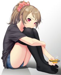 Rule 34 | 1girl, black thighhighs, blue shorts, boxcutter, closed mouth, denim, denim shorts, fingernails, full body, gradient background, grey shirt, hair ornament, hairclip, hand on own arm, highres, holding, holding boxcutter, legs together, light brown hair, long hair, original, over-kneehighs, oversized clothes, oversized shirt, pink eyes, ponytail, puchiman, shirt, short sleeves, shorts, sitting, solo, thighhighs