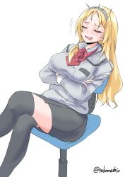 Rule 34 | 1girl, arms under breasts, black skirt, black thighhighs, blonde hair, blush, breasts, chair, closed eyes, crossed arms, drooling, flower, headgear, highres, kantai collection, large breasts, long hair, long sleeves, nelson (kancolle), office chair, one-hour drawing challenge, open mouth, reclining, red flower, red neckwear, rose, saliva, simple background, sitting, skirt, solo, swivel chair, takomeshi, thighhighs, twitter username, white background