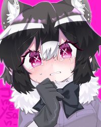 Rule 34 | 1girl, absurdres, animal ears, black bow, black bowtie, black gloves, black hair, blush, bow, bowtie, common raccoon (kemono friends), crying, crying with eyes open, gloves, highres, jmeysan, kemono friends, looking at viewer, parted lips, pink eyes, raccoon ears, raccoon girl, short hair, solo, symbol-shaped pupils, tears, upper body, white hair, x-shaped pupils