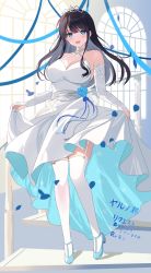 Rule 34 | 1girl, :d, absurdres, black hair, bridal legwear, detached sleeves, dress, falling petals, garter straps, gown, gown lift, highres, long hair, looking at viewer, open mouth, original, petals, rererere mon, smile, solo, stairs, streamers, thighhighs, thighs, tiara, white dress