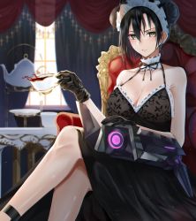 Rule 34 | 1girl, agent (girls&#039; frontline), ankle strap, bare arms, bare shoulders, black dress, black gloves, black hair, blurry, blurry background, blush, breasts, choker, cleavage, collarbone, crossed legs, cup, curtains, day, dinergate (girls&#039; frontline), double bun, dress, elbow rest, girls&#039; frontline, gloves, hair between eyes, hair bun, halter dress, halterneck, highres, holding, holding cup, indoors, large breasts, long hair, looking at viewer, maid, maid headdress, nicky w, parted lips, sangvis ferri, sitting, spilling, teacup, teapot, tsurime