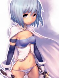 Rule 34 | 10s, 1girl, blue eyes, blue hair, breasts, cloak, dual wielding, elbow gloves, fumio (rsqkr), gloves, groin, holding, looking at viewer, mahou shoujo madoka magica, mahou shoujo madoka magica (anime), matching hair/eyes, miki sayaka, navel, panties, short hair, small breasts, smile, smirk, solo, striped clothes, striped panties, sword, underwear, weapon