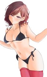 Rule 34 | 1girl, absurdres, bare shoulders, bikini, black bikini, breasts, brown hair, cleavage, closed mouth, collarbone, commentary, constricted pupils, cowboy shot, dot nose, forehead, head tilt, highres, higuchi madoka, idolmaster, idolmaster shiny colors, medium breasts, multicolored eyes, navel, outstretched arms, parted bangs, pink eyes, purple eyes, red thighhighs, shaded face, smile, solo, swimsuit, thighhighs, thighs, user teay4844, white background