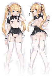 Rule 34 | 1girl, ass, black ribbon, blonde hair, blue eyes, breasts, cat pasties, closed mouth, dakimakura (medium), dead or alive, from behind, garter straps, hair ribbon, highres, long hair, looking at viewer, maid headdress, marie rose, minutachi, nipples, puffy short sleeves, puffy sleeves, ribbon, short sleeves, small breasts, thighhighs, twintails, white thighhighs, wrist cuffs