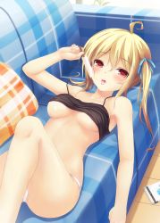 Rule 34 | 1girl, ahoge, bad id, bad nicoseiga id, blonde hair, blush, breasts, clothes lift, collarbone, couch, food, hair ribbon, highres, long hair, looking at viewer, lying, medium breasts, no bra, on back, open mouth, original, panties, popsicle, red eyes, ribbon, shirt lift, solo, sweat, tank top, tiphereth, tongue, tongue out, twintails, underboob, underwear, white panties
