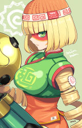 Rule 34 | 1girl, arms (game), beanie, blonde hair, blunt bangs, bob cut, breasts, character name, chinese clothes, closed mouth, commentary, domino mask, from side, green background, green eyes, hanagumanasua, hat, knit hat, lips, mask, medium breasts, megawatt (arms), min min (arms), short hair, signature, solo, upper body