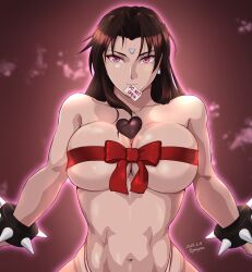 Rule 34 | 1girl, 2024, 92penpen, ass, bracelet, breasts, brown hair, capcom, chocolate, chun-li, cleavage, earrings, glowing, highres, jewelry, large breasts, long hair, mind control, purple eyes, ribbon, spiked bracelet, spikes, street fighter, thong, valentine&#039;s day