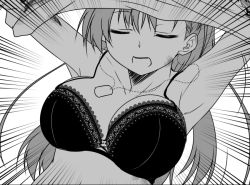 Rule 34 | 1girl, armpits, arms up, bra, breasts, collarbone, commentary request, dog tags, emphasis lines, closed eyes, facing viewer, frilled bra, frills, greyscale, hair between eyes, kantai collection, long hair, medium breasts, monochrome, open mouth, solo, suzuya (kancolle), underwear, undressing, upper body, yua (checkmate)
