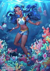 Rule 34 | 1girl, akuo, armlet, belly chain, bike shorts, black hair, blue eyeshadow, blush, bubble, clamperl, commentary, coral, coral reef, corsola, creatures (company), dark-skinned female, dark skin, dynamax band, earrings, english commentary, eyeshadow, finneon, game freak, gen 2 pokemon, gen 3 pokemon, gen 4 pokemon, gloves, gym leader, hair bun, hoop earrings, jewelry, light beam, long hair, looking at viewer, luvdisc, makeup, multicolored hair, navel, necklace, nessa (pokemon), nintendo, pokemon, pokemon (creature), pokemon swsh, sandals, single glove, single hair bun, toes, two-tone hair, underwater, water surface
