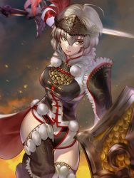Rule 34 | 1girl, black thighhighs, breasts, brown eyes, feathers, fighting stance, fire, gloves, grey background, headpiece, holding, holding sword, holding weapon, light brown hair, looking at viewer, lu lingqi, medium breasts, outdoors, red feathers, sangoku musou 1, shield, shin sangoku musou, short hair, solo, sword, thighhighs, weapon, yaka (kk1177)