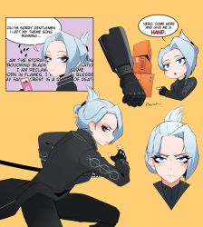 Rule 34 | 1girl, absurdres, battoujutsu stance, black coat, black gloves, black pants, blue eyes, blue hair, chibi, coat, coattails, commentary, devil may cry (series), devil may cry 5, digital media player, disembodied hand, english commentary, english text, fighting stance, folded ponytail, genderswap, genderswap (mtf), gloves, highres, ipod, listening to music, makeup, mascara, mature female, mechanical arms, nero (devil may cry), out of frame, pants, ready to draw, rumi (rumigawa31), sheath, sheathed, short hair, single mechanical arm, solo focus, vergil (devil may cry), yamato (sword)