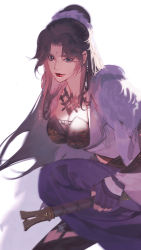Rule 34 | 1girl, black hair, blue eyes, breasts, closed mouth, earrings, facial mark, forehead mark, hair bun, highres, holding, holding weapon, jewelry, leg up, lin yueran shi hao chazi, long hair, medium breasts, original, purple skirt, shadow, skirt, solo, thighhighs, weapon, white background