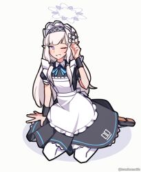 Rule 34 | 1girl, alternate costume, apron, arm support, black dress, blue archive, blue ribbon, dress, enmaided, flower, grey hair, grey halo, halo, highres, himari (blue archive), long hair, long skirt, maid, maid apron, maid headdress, on floor, one eye closed, pointy ears, puffy short sleeves, puffy sleeves, purple eyes, ribbon, short sleeves, sitting, skirt, smile, solo, tsunderemaids, white background, white flower, white halo