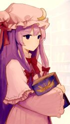 Rule 34 | 1girl, book, bookshelf, bow, bowtie, braid, capelet, closed mouth, commentary, crescent, crescent hat ornament, dress, frilled capelet, frills, hair bow, hat, hat bow, hat ornament, highres, holding, holding book, irumina777, long hair, long sleeves, looking afar, mob cap, patchouli knowledge, pink capelet, pink dress, pink hat, purple eyes, purple hair, red bow, red bowtie, solo, touhou, twin braids, upper body, white background, wide sleeves