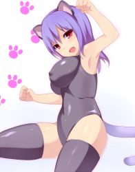 Rule 34 | 1girl, animal ears, breasts, cat ears, cat tail, curvy, highres, impossible clothes, karaage teishoku (regret1994), large breasts, looking at viewer, navel, open mouth, original, plump, purple hair, red eyes, simple background, solo, tail, thighhighs