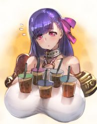 Rule 34 | 1girl, bare shoulders, belt collar, blunt bangs, bow (bhp), breasts, bubble tea, bubble tea challenge, collar, cropped torso, fate/grand order, fate (series), flying sweatdrops, gigantic breasts, gold trim, hair ribbon, half-closed eyes, head tilt, long hair, o-ring, o-ring top, object on breast, passionlip (fate), passionlip (third ascension) (fate), pink eyes, pink ribbon, purple hair, ribbon, simple background, sketch, solo, too many
