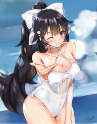 Rule 34 | 1girl, absurdres, azur lane, bingzhen tian fu luo, black hair, blue sky, bow, brown eyes, casual one-piece swimsuit, cloud, cowboy shot, criss-cross halter, day, foreshortening, hair flaps, halterneck, highres, horizon, long hair, looking at viewer, ocean, one-piece swimsuit, one eye closed, outdoors, ponytail, ribbon, signature, sky, solo, swimsuit, takao (azur lane), takao (beach rhapsody) (azur lane), water, white bow, white one-piece swimsuit, white ribbon