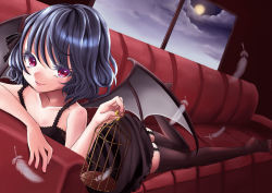 Rule 34 | 1girl, alternate costume, bat wings, birdcage, black thighhighs, blue hair, bokuhane, cage, cloud, collarbone, colored eyelashes, couch, eyelashes, feathers, full moon, garter straps, lace, lying, moon, nightgown, no headwear, no headwear, on stomach, red eyes, red upholstery, remilia scarlet, sayuki momone, short hair, sky, smile, solo, thighhighs, touhou, window, wings, zettai ryouiki