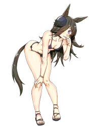 1girl absurdres alternate_costume animal_ears bare_shoulders bikini black_bikini blush bracelet breasts brown_hair commentary full_body hair_over_one_eye hand_on_own_knee highres horse_ears horse_girl horse_tail jewelry leaning_forward long_hair minew navel purple_eyes rice_shower_(umamusume) sandals simple_background small_breasts smile solo swimsuit tail tilted_headwear toes umamusume white_background