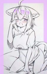 Rule 34 | 1girl, ahoge, animal ear fluff, animal ears, between legs, blush, border, bottomless, cat ears, cat tail, commentary request, fang, food print, hand between legs, hand up, hatching (texture), highres, hololive, kneeling, linear hatching, medium hair, naked shirt, nekomata okayu, one eye closed, open mouth, print shirt, purple border, purple eyes, purple hair, rubbing eyes, shirt, short sleeves, single bare shoulder, skin fang, solo, spot color, t-shirt, tail, tears, tsukareta san, virtual youtuber, waking up