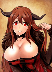 Rule 34 | 10s, 1girl, breasts, brown hair, bursting breasts, choker, cleavage, demon horns, dress, fur trim, holding, holding own hair, horns, huge breasts, k2isu, large breasts, long hair, maou (maoyuu), maoyuu maou yuusha, parted lips, red eyes, red hair, simple background, smile, solo, striped clothes, striped dress