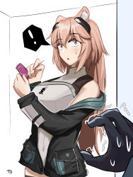 Rule 34 | !, 1boy, 1girl, animal ear fluff, animal ears, arknights, armor, bare shoulders, black jacket, blush, breastplate, brown eyes, caught, condom, condom wrapper, covered navel, doctor (arknights), gravel (arknights), grey leotard, hetero, highres, jacket, leotard, long hair, looking at viewer, motion lines, needle, off shoulder, open clothes, open jacket, pink hair, pov, sabotaged condom, solo focus, speech bubble, spoken exclamation mark, sweatdrop, tofudofu, trembling, wide-eyed