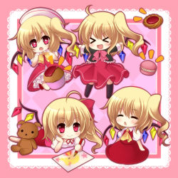 Rule 34 | &gt; &lt;, + +, 1girl, 4girls, :d, > <, ahoge, alternate costume, alternate headwear, ascot, blonde hair, blush, bow, chibi, child&#039;s drawing, clone, cupcake, drawing, closed eyes, female focus, flandre scarlet, food, hat, holding, long sleeves, lying, macaron, multiple girls, multiple persona, on stomach, open mouth, outline, outstretched arms, pencil, puffy sleeves, red eyes, rokutelie, short hair, short sleeves, side ponytail, smile, sparkle, stuffed animal, stuffed toy, symbol-shaped pupils, teddy bear, touhou, wings, xd
