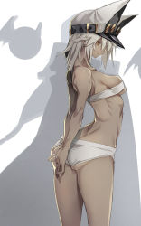 Rule 34 | 10mo, 1girl, arms behind back, ass, bare shoulders, belt bra, breasts, butt crack, dark-skinned female, dark skin, guilty gear, guilty gear xrd, hat, highres, looking at viewer, medium breasts, ramlethal valentine, shadow, short hair, short shorts, shorts, simple background, solo, standing, white background, white hair, white hat, white shorts, yellow eyes