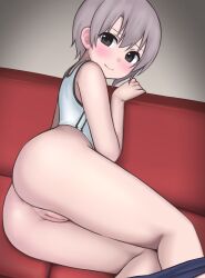 Rule 34 | 1girl, anus, ass, blush, buruma, buruma pull, cleft of venus, closed mouth, clothes pull, couch, highres, idolmaster, idolmaster cinderella girls, looking at viewer, looking back, lying, nuclear cake, on couch, on side, otokura yuuki, pussy, short hair, solo, sports bra, sportswear, thighs, uncensored, white sports bra