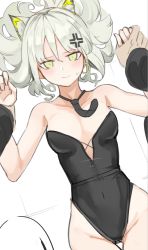 Rule 34 | 1girl, anger vein, animal ears, arknights, bare shoulders, black leotard, black neckwear, breasts, cat ears, cleavage, closed mouth, collarbone, covered navel, earrings, from above, gluteal fold, groin, highres, hjl (15623862639), holding hands, hoop earrings, jewelry, kal&#039;tsit (arknights), kittysuit, leotard, long hair, long sleeves, looking at viewer, lying, medium breasts, necktie, nontraditional playboy bunny, on back, playboy bunny, pov, silver hair, smile, strapless, strapless leotard, v-shaped eyebrows, w arms, yellow eyes