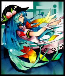 Rule 34 | 1girl, bandages, blue hair, closed eyes, female focus, food, fruit, hat, highres, hinanawi tenshi, light smile, long hair, nekobu, nekonote (neconote), outstretched arm, peach, profile, solo, touhou, very long hair