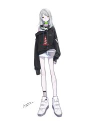 Rule 34 | 1girl, arms at sides, black hoodie, closed mouth, collar, commentary request, drawstring, dress, english text, fanny pack, full body, fuyuu rei, goggles, goggles around neck, green collar, green eyes, grey hair, highres, hood, hoodie, jitome, konnoita, long hair, long legs, looking at viewer, off shoulder, official art, print hoodie, sanpaku, scar, scar on leg, short dress, signature, simple background, sleeveless, sleeveless dress, solo, tachi-e, tearing up, text print, traffic cone, utau, white background, white dress