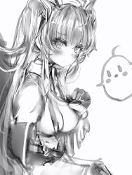 Rule 34 | 1girl, azur lane, bad id, bad pixiv id, breast curtains, character request, check character, check copyright, closed mouth, copyright request, elbow gloves, from side, gloves, greyscale, hand up, highres, long hair, looking at viewer, looking to the side, manjuu (azur lane), monochrome, nanashi (nlo), nipples, perseus (azur lane), perseus (unfamiliar duties) (azur lane), simple background, sketch, solo, twintails, upper body, white background