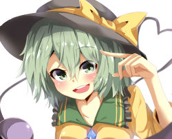 Rule 34 | 1girl, blurry, blush, bow, depth of field, green eyes, green hair, hair between eyes, hat, hat bow, heart, heart of string, komeiji koishi, looking at viewer, neko pachi, open mouth, simple background, smile, solo, third eye, touhou, upper body, white background