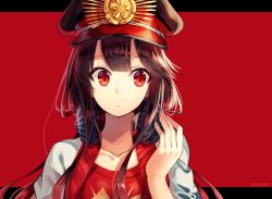 Rule 34 | 1girl, artist name, black hair, buster shirt, fate/grand order, fate (series), hat, hat ornament, jacket, light frown, long hair, nonono (nononotea), oda nobunaga (fate), oda nobunaga (koha-ace), oda nobunaga (swimsuit berserker) (fate), oda nobunaga (swimsuit berserker) (first ascension) (fate), peaked cap, red background, red eyes, solo, wide-eyed