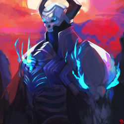 Rule 34 | 1boy, armor, black horns, blue eyes, blue fire, breastplate, cloud, cloudy sky, dated, fate/grand order, fate (series), fire, flaming eyes, glowing, glowing eyes, highres, horns, king hassan (fate), looking at viewer, male focus, moedredd, outdoors, pauldrons, ribs, shoulder armor, signature, single pauldron, skull, sky, solo, sun, torn, torn clothes, upper body