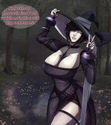 Rule 34 | 1girl, black dress, black hair, breasts, choker, cleavage, dress, english text, girls&#039; frontline, hat, intruder (girls&#039; frontline), kaokacique, large breasts, one eye closed, side slit, speech bubble, wink, witch hat