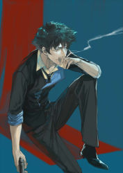 1boy adam&#039;s_apple black_footwear black_necktie cigarette closed_mouth collarbone cowboy_bebop fingernails green_eyes green_hair gun half-closed_eyes highres holding holding_cigarette holding_gun holding_weapon misamisa21 necktie short_sleeves sitting smile smoke solo spike_spiegel weapon