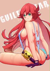 Rule 34 | 1girl, absurdres, ankh, arc system works, ass, belt, breasts, gloves, guilty gear, highres, jack-o&#039; valentine, large breasts, long hair, red hair, sitting, slingshot swimsuit, swimsuit, thighs, thong, viper1390