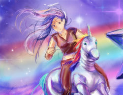 Rule 34 | 10s, 1girl, epic, fabulous, ikezawa hanako, katawa shoujo, long hair, lowres, multicolored hair, purple eyes, purple hair, rainbow, rainbow hair, robot unicorn attack, scar, smile, solo, star (symbol), unicorn