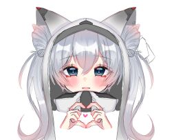 Rule 34 | 1girl, :d, animal ears, black jacket, blue eyes, blush, cat ears, double bun, ereaiueo, fake animal ears, goddess of victory: nikke, grey hair, grey jacket, hair between eyes, hair bun, heart, heart hands, highres, jacket, long hair, looking at viewer, multicolored clothes, multicolored jacket, n102 (nikke), open mouth, short twintails, smile, solo, twintails, two-tone jacket, visor cap